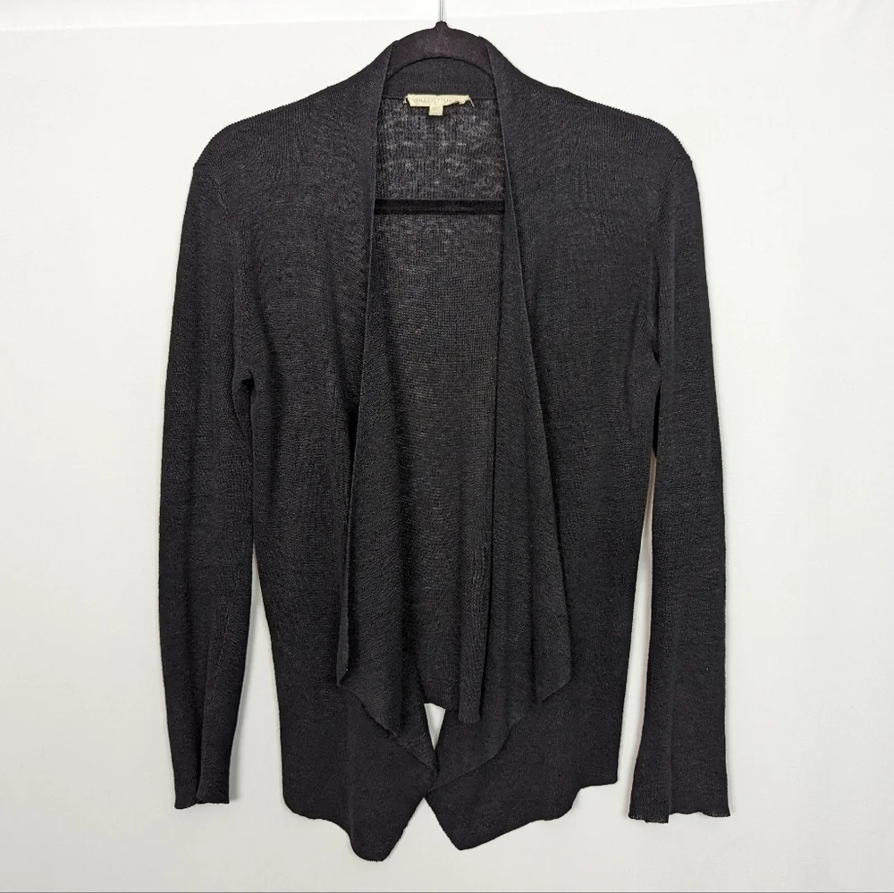 Eileen Fisher S 100% Organic Linen Draped Open Front Knit Cardigan Sweater Top